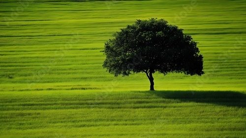 Fototapeta Samotne drzewo na żywym zielonym polu