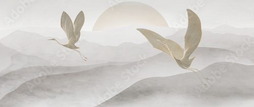 Fototapeta Tło artystyczne z ptakami na tle gór i wzgórz w lekkim stylu akwarelowym z elementami liniowymi. Baner wektorowy do dekoracji, druku, tekstyliów, plakatów i aranżacji wnętrz.