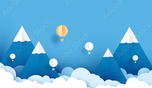Fototapeta Trójwymiarowa sztuka papierowa i rzemiosło przedstawiające biały balon unoszący się na niebie. Balon z podróżą. Krajobraz ośnieżonych gór. Ilustracja wektorowa.