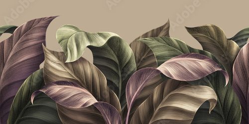Fototapeta Tropikalne, zielono-brązowe liście w stylu vintage, beżowe tło, złota faktura. Luksusowy mural, tapeta premium. Ilustracja 3D, akwarelowy wzór. Bezszwowa ramka. Stylowy materiał, papier, opakowanie.