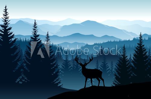 Fototapeta Wektor niebieski krajobraz z sylwetkami mgliste góry, lasy i jelenie