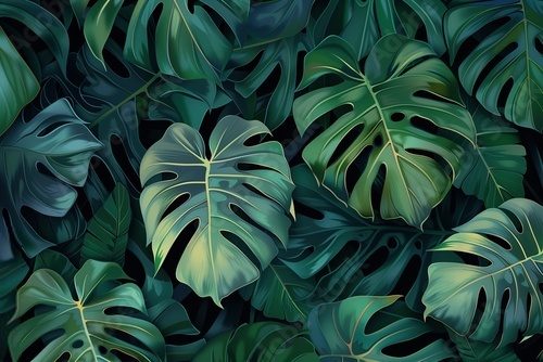 Fototapeta Wzór liści monstery, głębokie zielone odcienie rozświetlone delikatnym blaskiem z góry, tworzą atmosferę przypominającą tropikalne liście. Projekt łączy ciemną zieleń i naturalne odcienie