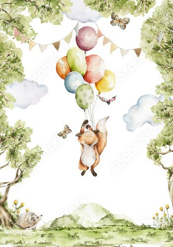 Obraz Akwarelowa ramka urodzinowa z balonami. Ręcznie malowana leśna kartka z uroczymi zwierzątkami, leśnym krajobrazem, drzewem, lisem i ptakami. Ilustracja do projektu baby shower, dekoracji ściennej lub dekoracji pokoju dziecięcego.
