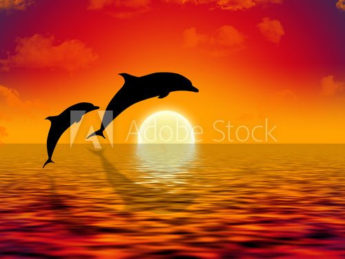 Obraz ilustracja dwóch delfinów pływanie w zachodzie słońca