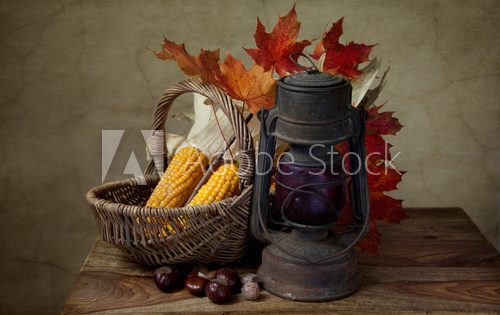 Obraz Jesień wciąż życie z nafty lampą i kukurudza w łozinowym koszu