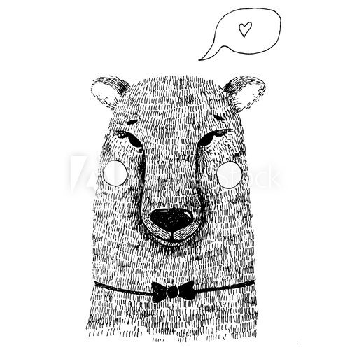 Obraz Ręcznie rysowane słodki Miś ręcznie ilustracji. Szkic tuszem z dzikiego zwierzęcia - niedźwiedź z muszką, policzki i dymek z sercem