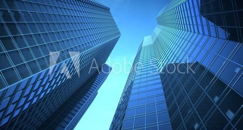 Obraz Skyscrappers na niebie. 3d ilustracja