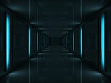 Fototapeta 3d Ciemny korytarz z niebieskimi lampami na ścianach