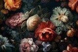 Fototapeta Akwarela kwiatowy wzór - różowe kwiaty, zielone liście, gałęzie na ciemnym czarnym tle. Tapety, pocztówki, kartki okolicznościowe, zaproszenia ślubne, koncepcja romantycznych wydarzeń