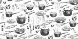 Fototapeta Bezszwowy wzór z przyborami kuchennymi do gotowania. Garnek, moździerz i tłuczek, rondel, szpatułka, miarka. Obieraczka w stylu szkicowym, nóż, trzepaczka, solniczka, pieprzniczka, patelnia. Tło
