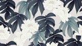 Fototapeta Botaniczny wzór, białe kwiaty paenia lactiflora i liście na jasnobrązowym tle
