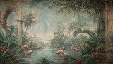 Fototapeta Fototapeta przedstawiająca tropikalny ogród flamingów w stylu antycznego fresku