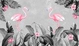 Fototapeta Fototapety do pokoju. Różowe flamingi. Flamingi na tle liści. Tropikalne liście, tropiki, flamingi.