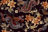 Fototapeta Haft smoki i kwiaty wzór. Klasyczny haft azjatycki smok i piękny wzór w kwiaty vintage. Chińskie smoki wektor