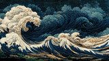 Fototapeta Japońska ilustracja wielkich fal oceanu jako tapeta