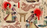 Fototapeta Japoński i chiński wzór kultury. Gejsze i smoki. Tradycyjna kultura japońska, czerwone słońce, smoki i wzór kobiety gejsza. Sztuka Japonii