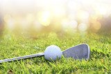 Fototapeta Kij golfowy i piłka w trawie