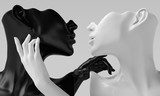 Fototapeta Kobiece manekiny czarno-białe rzeźby, akcesoria dla kobiet w tle biżuterii artystycznej, eleganckie dłonie manekina, renderowanie 3d