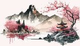 Fototapeta Krajobraz górski i jezioro Chiński tło. w tradycyjnym orientalnym, minimalistycznym japońskim stylu. Ilustracja wektorowa