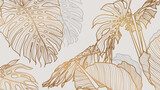 Fototapeta Luksusowa złota tapeta w stylu art deco. Kwiatowy wzór ze złotą rośliną Philodendron z rozszczepionymi liśćmi z grafiką liniową roślin monstera na tle zielonego szmaragdu. Ilustracji wektorowych.