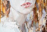 Fototapeta Malarstwo artystyczne. Różowe kobiece usta. Fragment portretu dziewczyny o brązowych włosach wykonany w stylu klasycznym.