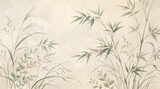 Fototapeta Malowidło wykonane tuszem bambusowym na papierze o fakturze drewna, tradycyjny orientalny mural botaniczny, tło zen z zielonymi liśćmi i trawą