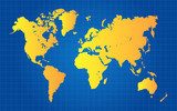 Fototapeta Mapa świata złota na niebieskim tle gradientu siatki