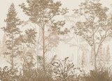 Fototapeta Minimalistyczna sepia leśne drzewa i tropikalne liście botaniczna ilustracja wektorowa