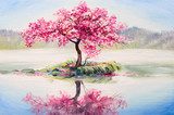 Fototapeta obraz olejny pejzaż, orientalna wiśnia, sakura nad jeziorem