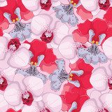 Fototapeta różowy bezszwowe tło z różowymi i czerwonymi orchideami
