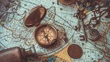 Fototapeta Stary kompas kompas, teleskop i zbieranie rzadkich przedmiotów na antycznej mapie świata. (zabytkowy styl)