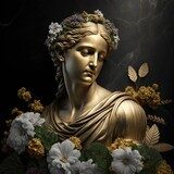 Fototapeta Stoicka osoba z koroną z kwiatów, mieszanka akcentów złota, czerni i marmuru, rzeźba, posąg. tapety, cytaty, pocztówki