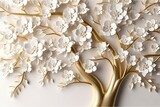 Fototapeta Tapeta 3D tło kwiatowe drzewo z białymi liśćmi kwiatów i złotą łodygą. wystrój domu na ścianie wewnętrznej, wygeneruj ai