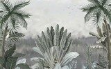 Fototapeta Tropikalny wzór tapety krajobrazowej w pastelowych odcieniach, delikatny kolor, tło obrazu olejnego, palmy i bananowce, sztuka ścienna.