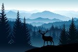 Fototapeta Wektor niebieski krajobraz z sylwetkami mgliste góry, lasy i jelenie