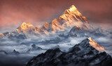 Fototapeta Widok na Himalaje podczas mglistej nocy o zachodzie słońca - Mt Everest widoczny przez mgłę z dramatycznym i pięknym oświetleniem