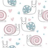 Fototapeta Wzór z słodkie serca ślimaków. Różowe i niebieskie ślimaki. Ilustracja wektorowa ręcznie rysowane. Moda dla dzieci druku.