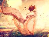 Obraz Jesienna dziewczyna fantasy, wróżka w dmuchanie szyfonowa sukienka