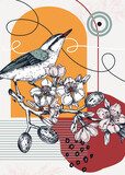 Obraz Karta z ptakiem w stylu kolażu. Modny plakat ze szkicem pełzacza. Kreatywne projekty z migdałami, ilustracjami botanicznymi, kształtami geometrycznymi i elementami abstrakcyjnymi do druku o tematyce przyrodniczej, dekoracji ściennych i opakowań.