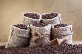 Obraz Palone ziarna kawy w małych jutowych torbach