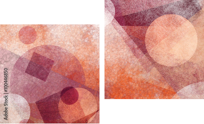 streszczenie nowoczesne geometryczne tło z różnych tekstur i kształtów, pływające koła kwadraty diamenty i trójkąty w kolorach pomarańczowym białym i bordowym różowym, układ kompozycji artystycznej - Obraz dwuczęściowy, Dyptyk