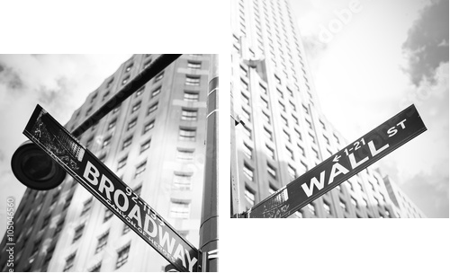 Wall Street i Broadway podpisują wewnątrz Manhattan, Nowy Jork, usa - Obraz dwuczęściowy, Dyptyk