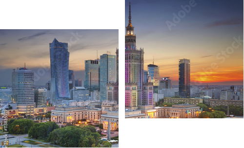 Warszawa. Obraz Warszawy, Polska podczas zmierzchu niebieskiej godziny. - Obraz dwuczęściowy, Dyptyk