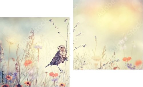 Pole z dzikimi kwiatami i ptakiem - Obraz dwuczęściowy, Dyptyk