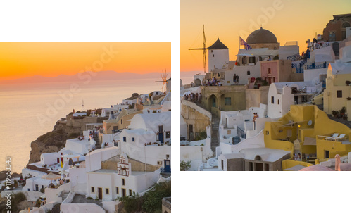 piękny zachód słońca na Santorini w Grecji, morze, zachód słońca, białe greckie domy wieczorem - Obraz dwuczęściowy, Dyptyk