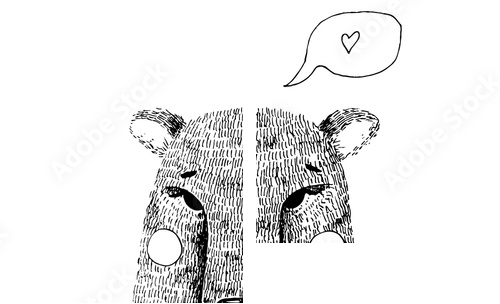 Ręcznie rysowane słodki Miś ręcznie ilustracji. Szkic tuszem z dzikiego zwierzęcia - niedźwiedź z muszką, policzki i dymek z sercem - Obraz dwuczęściowy, Dyptyk