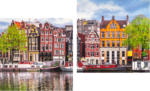 Amsterdam Holandia tańczące domy nad rzeką Amstel landmark - Obraz dwuczęściowy, Dyptyk