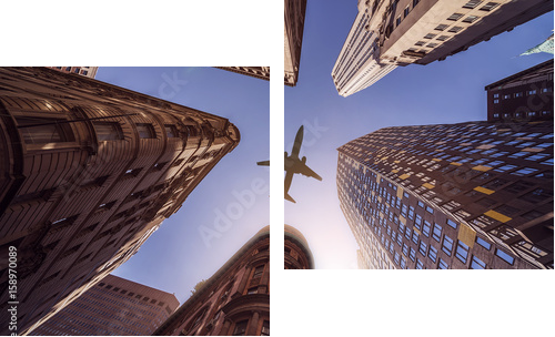 samolot nad budynkami gródów - Obraz dwuczęściowy, Dyptyk