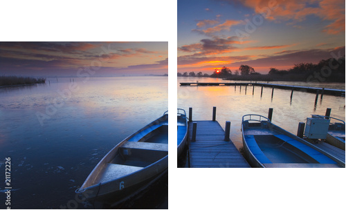 Pokojowy wschód słońca z dramatycznym niebem, łodziami i jetty - Obraz dwuczęściowy, Dyptyk