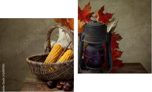 Jesień wciąż życie z nafty lampą i kukurudza w łozinowym koszu - Obraz dwuczęściowy, Dyptyk